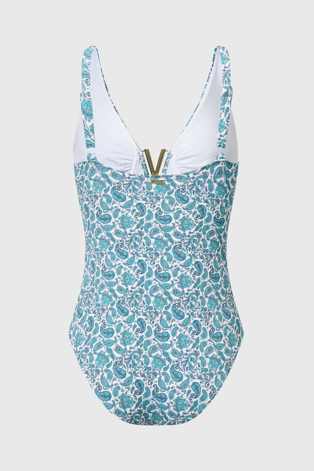 Backless V-neck swimming costume with underwire and adjustable straps by AQVA Swimwear on grey background