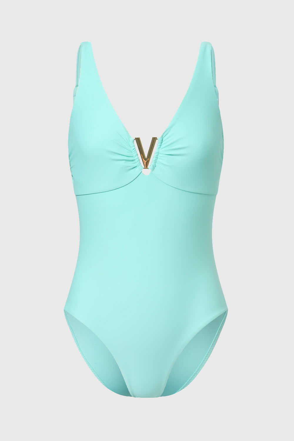 Blue V-neck swimming costume with metallic centre piece by AQVA Swimwear
