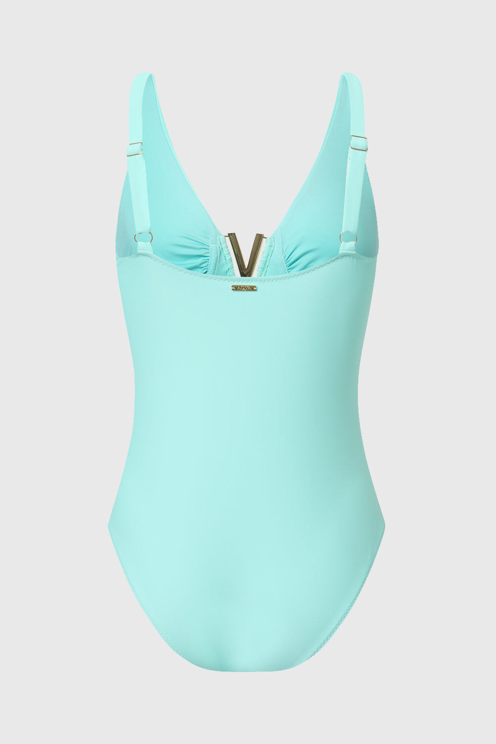 Blue V-neck swimming costume with metallic centre back piece by AQVA Swimwear