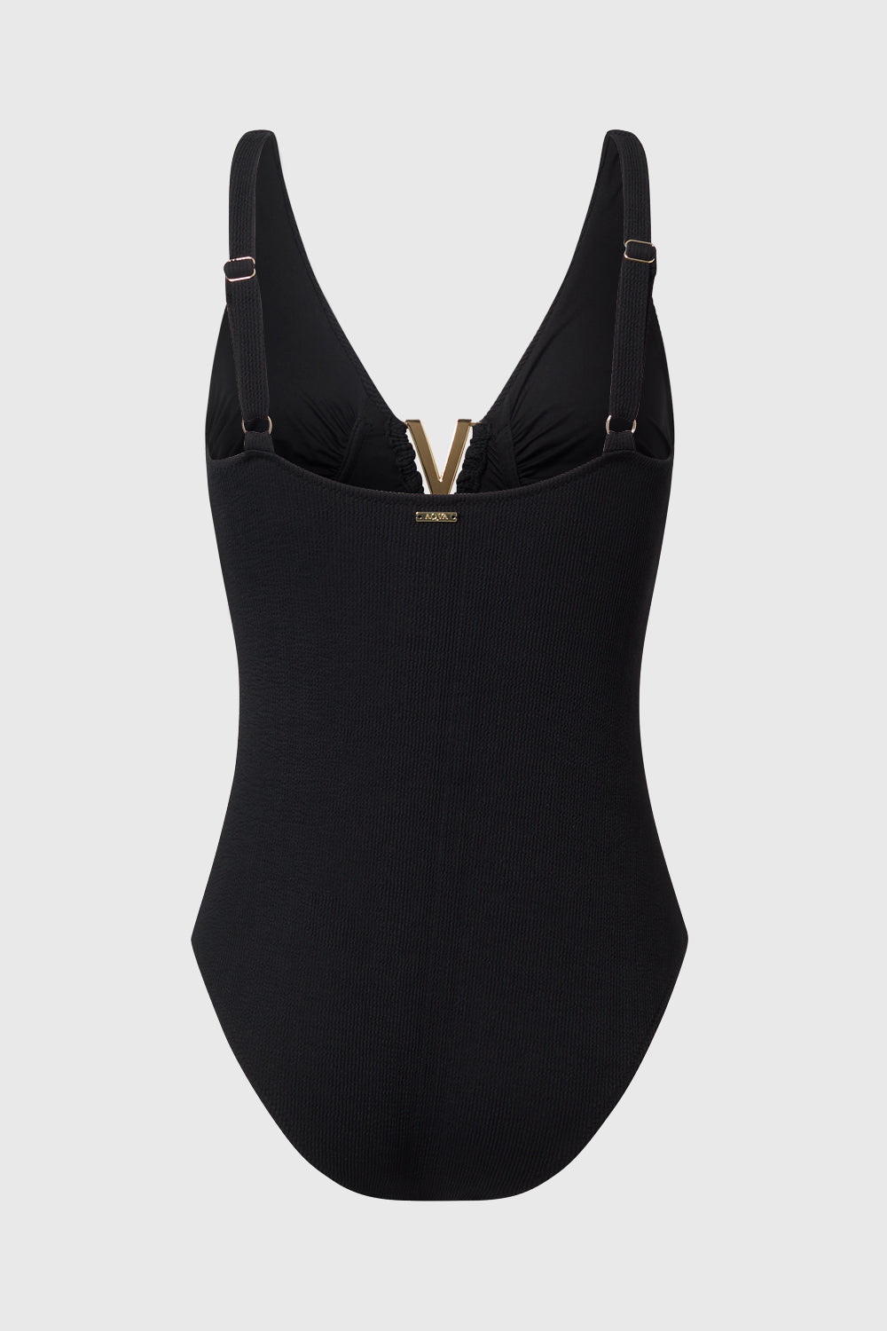 Black swimming costume with deep neckline and underwire by AQVA Swimwear